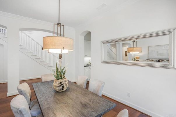 Dining room, Interior, Pendant Lights, Wood Texture Flooring