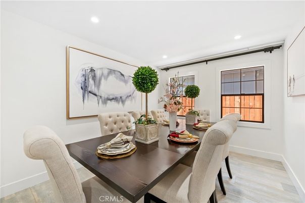 Dining room, Interior, Recessed Lighting, Wood Texture Flooring