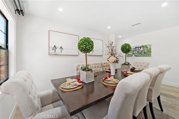 Dining room, Interior, Recessed Lighting, Wood Texture Flooring
