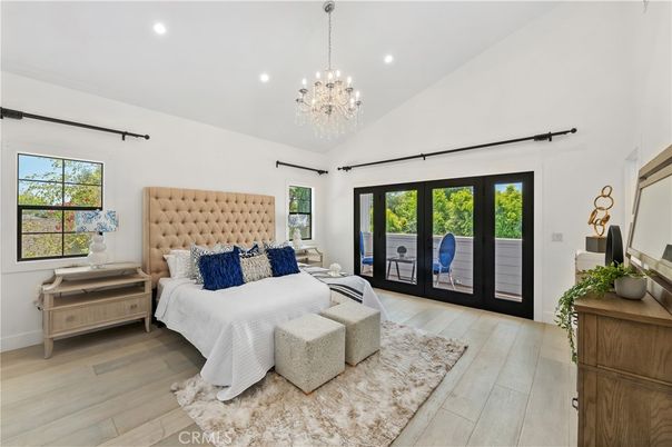Bedroom, Chandelier, Interior, Recessed Lighting, Wood Texture Flooring