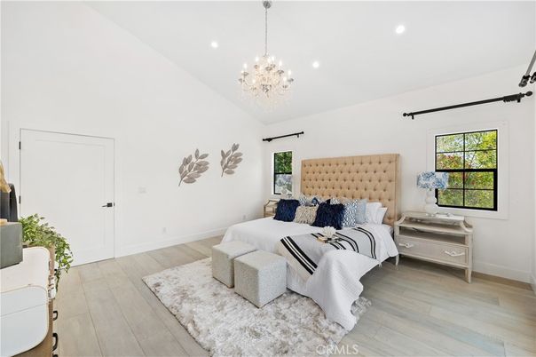 Bedroom, Chandelier, Interior, Recessed Lighting, Wood Texture Flooring