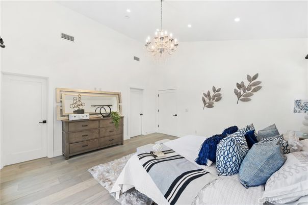 Bedroom, Chandelier, Interior, Recessed Lighting, Wood Texture Flooring