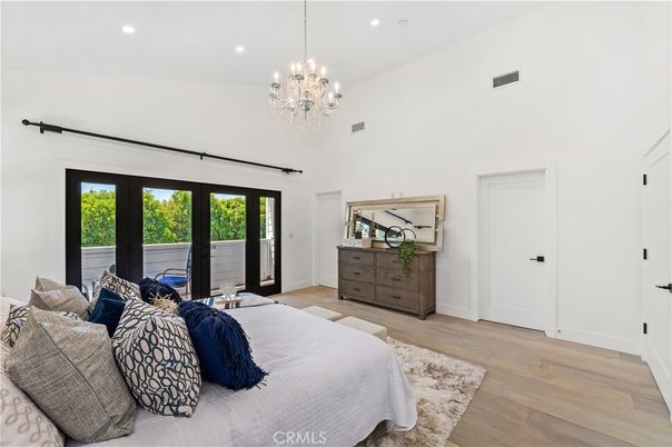 Bedroom, Chandelier, Interior, Recessed Lighting, Wood Texture Flooring