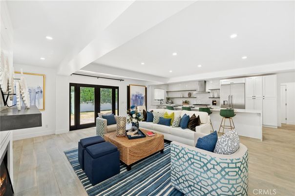 Fireplace, Interior, Kitchen, Living room, Recessed Lighting, Stainless Steel Appliances, Wood Texture Flooring