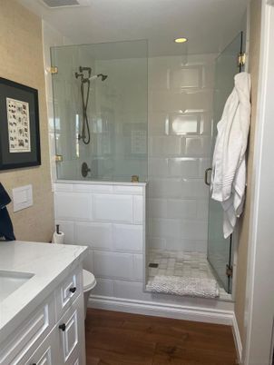 Bathroom, Glass Shower, Interior, Recessed Lighting, Wood Texture Flooring