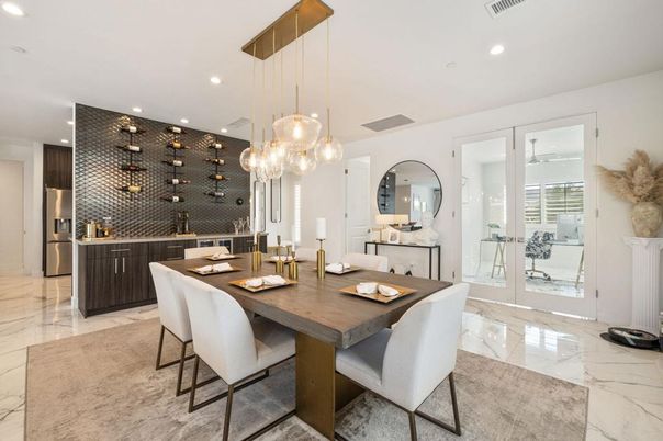 Dining room, Interior, Kitchen, Marble, Pendant Lights, Recessed Lighting, Stainless Steel Appliances
