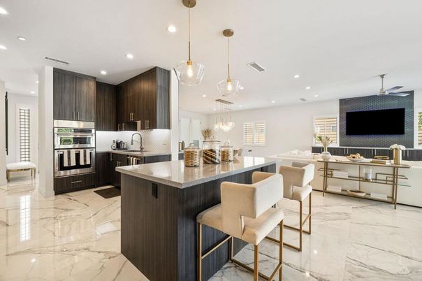 Interior, Kitchen, Marble, Pendant Lights, Recessed Lighting, Stainless Steel Appliances
