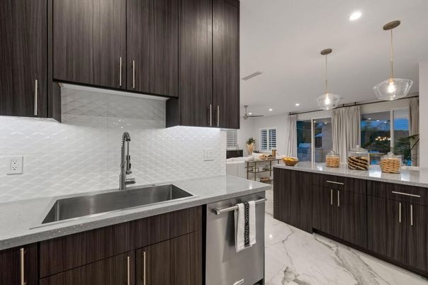 Interior, Kitchen, Marble, Pendant Lights, Recessed Lighting, Stainless Steel Appliances