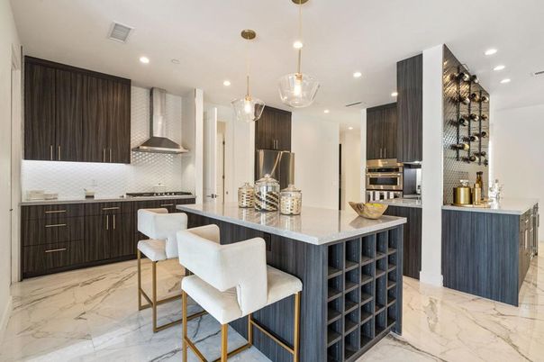 Interior, Kitchen, Marble, Pendant Lights, Recessed Lighting, Stainless Steel Appliances