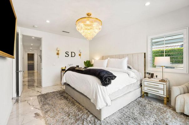 Bedroom, Chandelier, Interior, Marble, Recessed Lighting