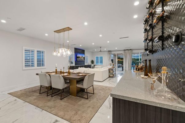 Dining room, Interior, Living room, Marble, Pendant Lights, Recessed Lighting