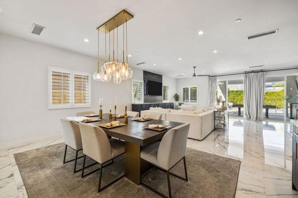 Dining room, Interior, Living room, Marble, Pendant Lights, Recessed Lighting