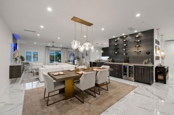 Dining room, Interior, Kitchen, Living room, Marble, Pendant Lights, Recessed Lighting, Wine Storage