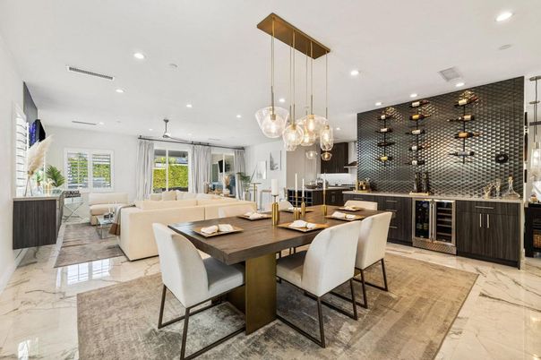 Dining room, Interior, Kitchen, Living room, Marble, Pendant Lights, Recessed Lighting, Stainless Steel Appliances, Wine Storage