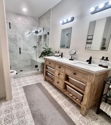 Bathroom, Dual Sink Vanities, Glass Shower, Interior, Marble Walls, Recessed Lighting
