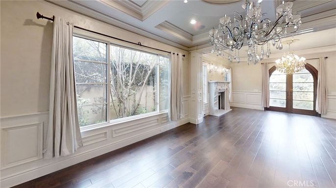 Chandelier, Empty room, Fireplace, Interior, Recessed Lighting, Wood Texture Flooring