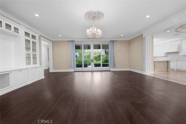 Chandelier, Empty room, Interior, Kitchen, Recessed Lighting, Wood Texture Flooring