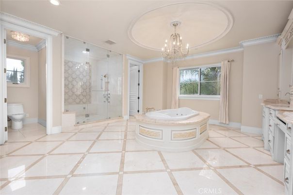 Bathroom, Chandelier, Glass Shower, Interior, Recessed Lighting