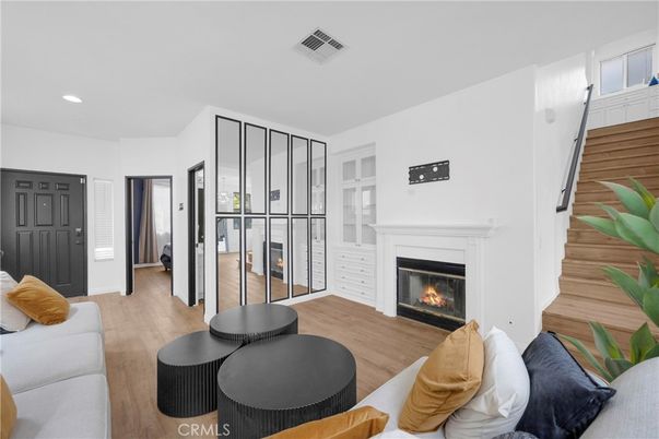 Fireplace, Interior, Living room, Recessed Lighting, Wood Texture Flooring