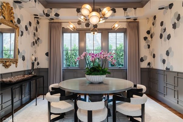 Dining room, Interior, Pendant Lights, Wood Texture Flooring