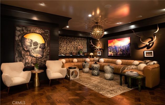 Interior, Living room, Pendant Lights, Projection Screen, Recessed Lighting, Theatre Room, Wood Texture Flooring
