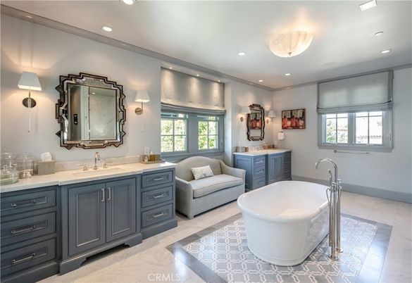Bathroom, Dual Sink Vanities, Free Standing Baths, Interior, Marble, Recessed Lighting
