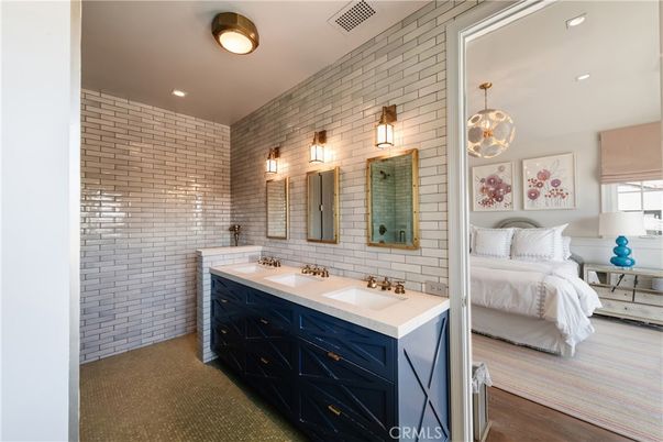 Bathroom, Bedroom, Dual Sink Vanities, Interior, Recessed Lighting, Stone Walls, Wood Texture Flooring