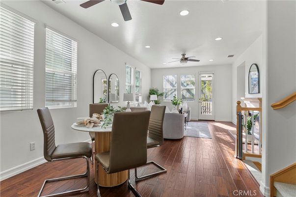 Dining room, Interior, Living room, Recessed Lighting, Wood Texture Flooring