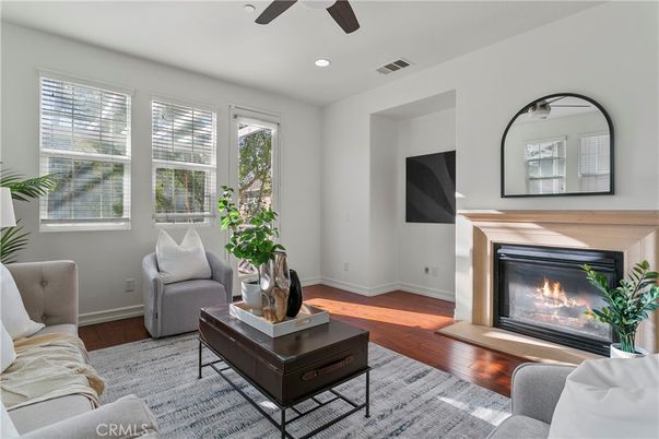 Fireplace, Interior, Living room, Recessed Lighting, Wood Texture Flooring