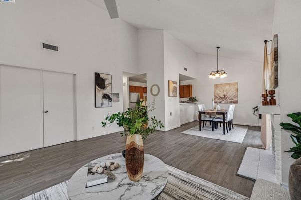 Dining room, Interior, Pendant Lights, Wood Texture Flooring