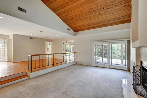 Empty room, Fireplace, Interior, Recessed Lighting, Wooden Ceilings