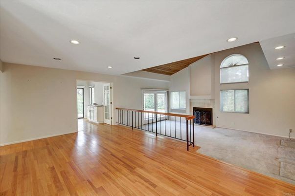 Empty room, Fireplace, Interior, Recessed Lighting, Wooden Ceilings, Wood Texture Flooring