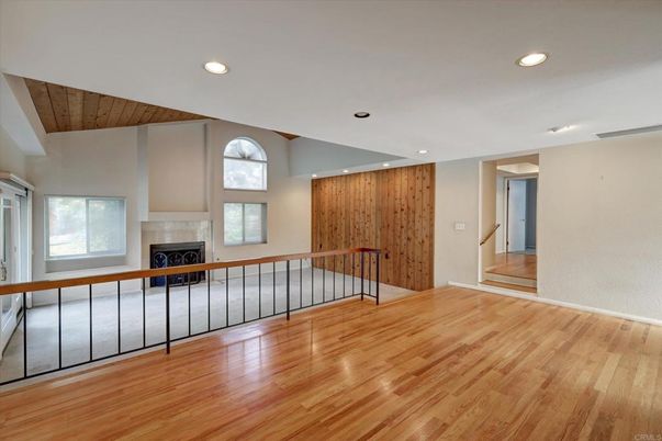 Empty room, Fireplace, Interior, Recessed Lighting, Wooden Ceilings, Wood Texture Flooring