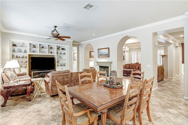 Dining room, Fireplace, Interior, Living room, Recessed Lighting