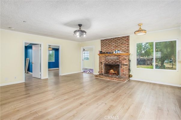 Empty room, Fireplace, Interior, Stone Walls, Wood Texture Flooring