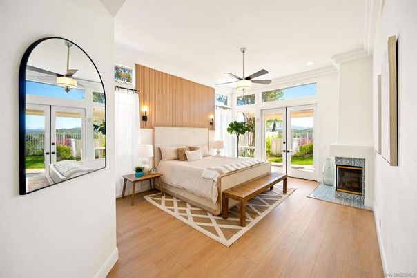 Bedroom, Fireplace, Interior, Recessed Lighting, Wood Texture Flooring