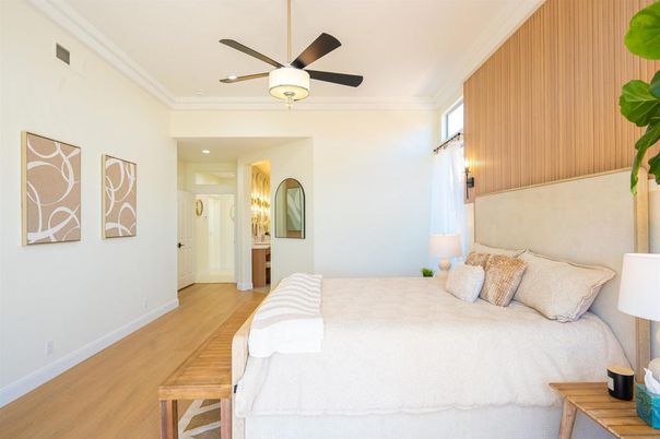 Bedroom, Interior, Recessed Lighting, Wood Texture Flooring