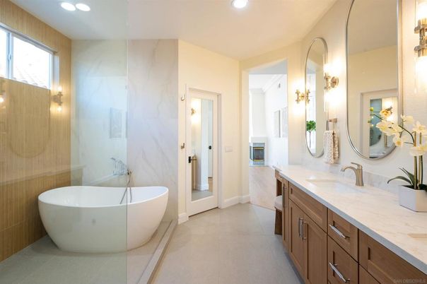Bathroom, Dual Sink Vanities, Free Standing Baths, Interior, Marble Walls, Recessed Lighting