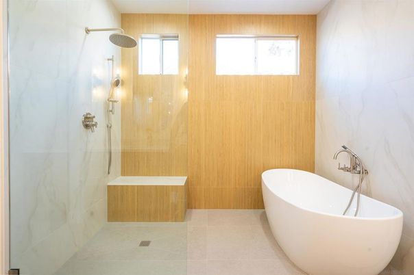 Bathroom, Free Standing Baths, Glass Shower, Interior, Marble Walls