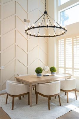 Chandelier, Dining room, Interior, Wood Texture Flooring