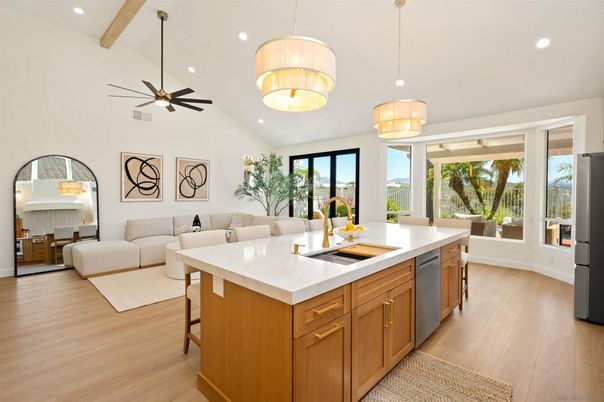 Interior, Kitchen, Living room, Pendant Lights, Recessed Lighting, Wooden Beams, Wood Texture Flooring