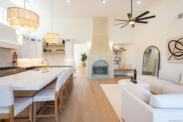 Fireplace, Interior, Kitchen, Living room, Pendant Lights, Recessed Lighting, Wood Texture Flooring