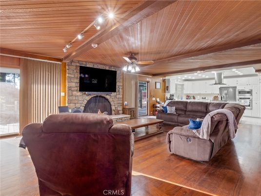 Fireplace, Interior, Kitchen, Living room, Stainless Steel Appliances, Stone Walls, Wooden Beams, Wooden Ceilings, Wood Texture Flooring