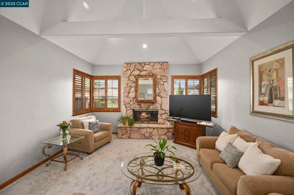 Fireplace, Interior, Living room, Recessed Lighting, Stone Walls