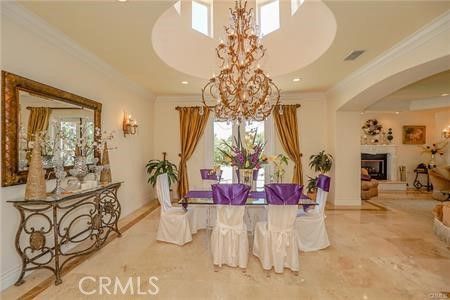 Chandelier, Dining room, Fireplace, Interior, Recessed Lighting