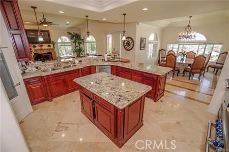 Chandelier, Dining room, Fireplace, Interior, Kitchen, Living room, Pendant Lights, Recessed Lighting