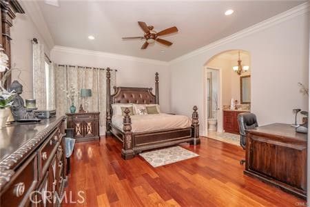 Bedroom, Chandelier, Home Office, Interior, Recessed Lighting, Wood Texture Flooring