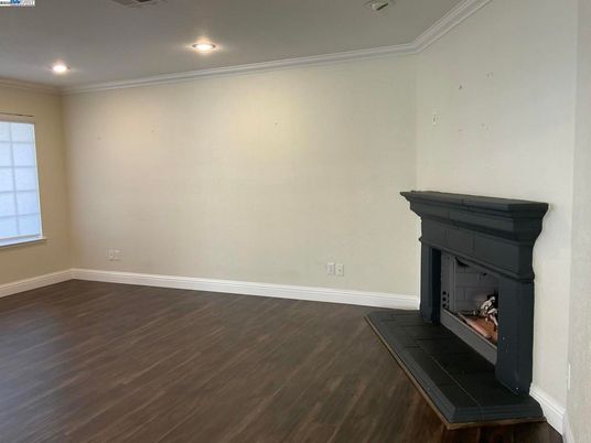 Empty room, Fireplace, Interior, Recessed Lighting, Wood Texture Flooring