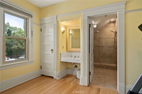 Bathroom, Glass Shower, Interior, Wood Texture Flooring