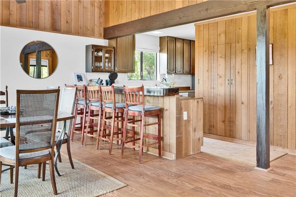 Dining room, Interior, Recessed Lighting, Wooden Beams, Wood Texture Flooring, Wooden Walls